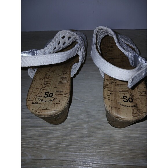 SO Adriene Cork Wedge Sandals White Woven Upper Open Toe Girls Size 3 Medium - Picture 12 of 16